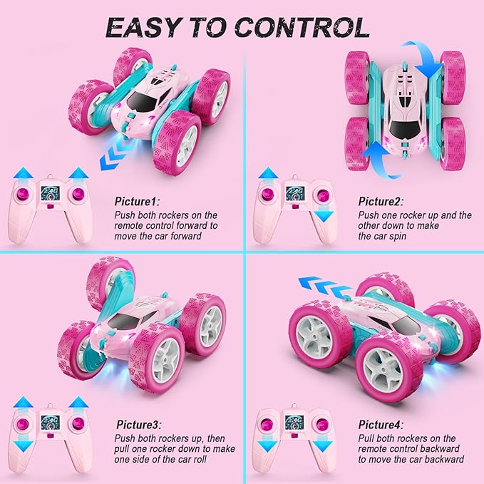 RC Cars, Pink Remote Control Car for Girls, 2.4 GHZ Double Sided RC Stunt Car 360° Rotating Remote Control Crawler with Headlights Car Toys for 6 7 8 9 10 11 12 Girls Birthday
