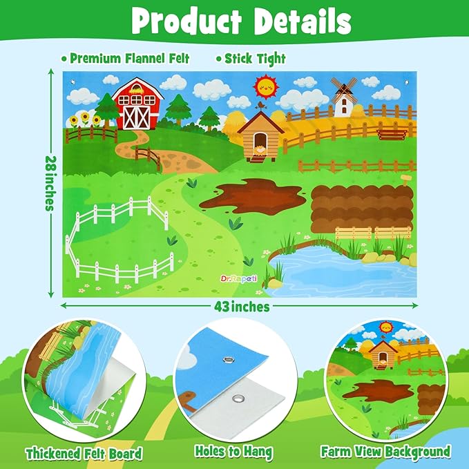 Dr.Rapeti Farm Animals Felt Story Board Set 41PCS Preschool Farmhouse Barnyard Theme Busy Board Story Set Storytelling Early Learning Interactive Play Kit Wall Hanging for Toddlers Kids Children
