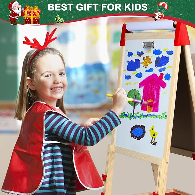 Easel for Kids Art Easel for Kids Ages 4-8,Kids Easels Wooden Kid Easel with Paper Roll, Adjustable Magnetic Double Sided Easel for Toddlers 2-4 Years - All in one Kids Art Easel