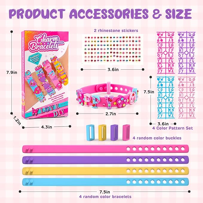 Kids Silicone Bracelets with Rhinestone Stickers - Adjustable Letter Rubber Bracelets Wristbands, Boys Girls Dress Up Jewelry Accessories Party Favors Decoration Birthday Gifts for Ages 6 7 8