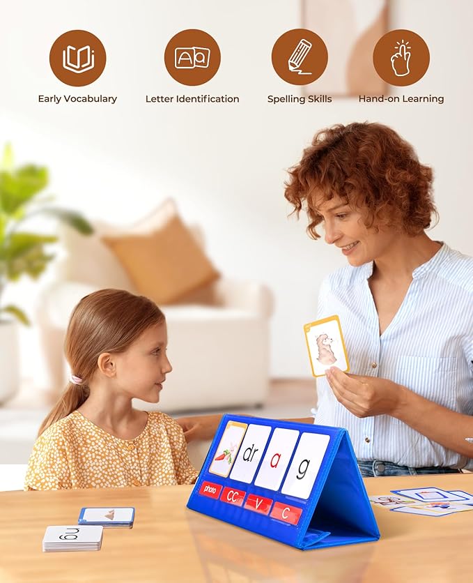 Gamenote Word Building Desktop Pocket Chart - CVCC & CCVC Word Phonics Game,Sight Words Flash Cards Kindergarten Classroom Must Haves,Blending Board for Kids Learning Reading and Spelling