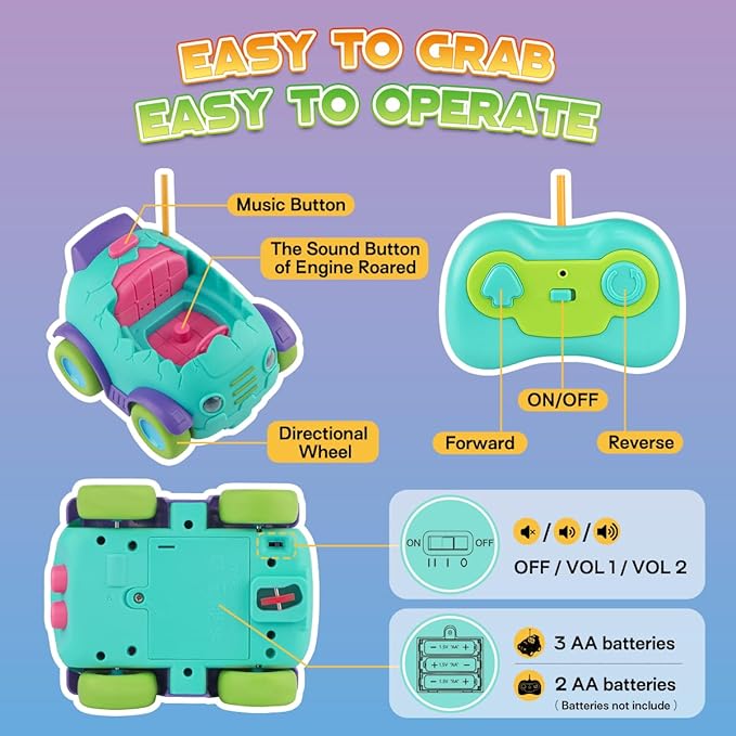 Nueplay Remote Control Car for Toddler Age 2 3 4 5, Electric RC Car Toys with Light & Music, Toddler Dinosaur Toys, Dino Figures Truck Race Car Vehicles, Birthday Gift for Boys & Girls, 2 Pack Playset