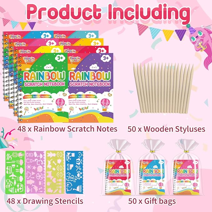 Party Favors for Kids: 48 Pack Rainbow Scratch Art Notebook Classroom School Supplies Bulk for Girls Boys Goodie Bags Stuffers, Return Gifts for Birthday Party Valentines Gift Kid Crafts