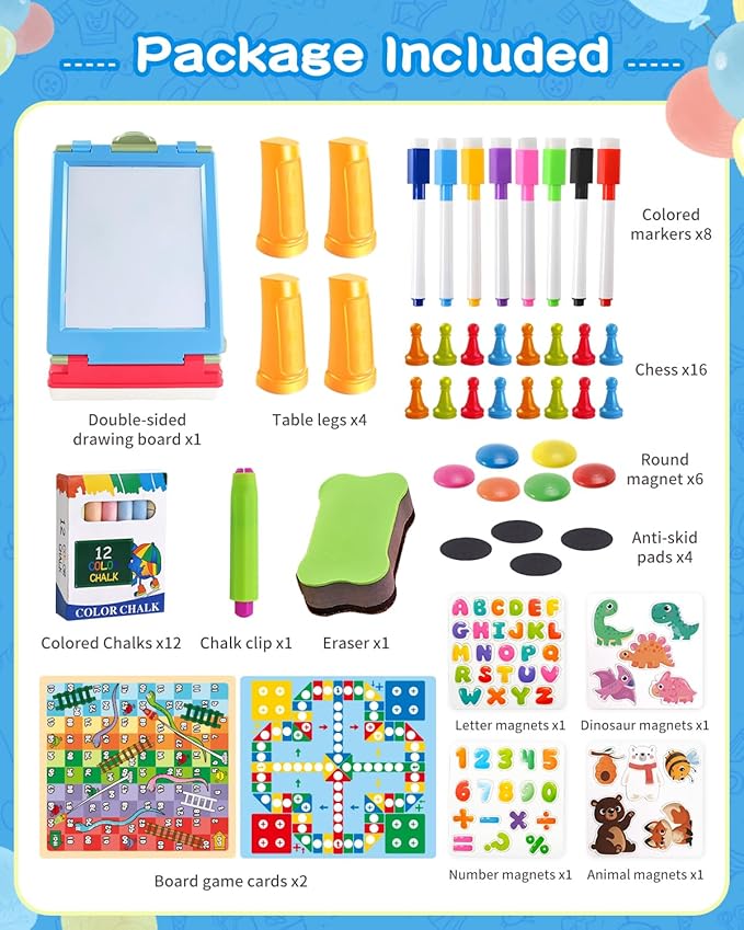 Easel for Kids, 4 in 1 Double Sided Toddler Art Easel with Chalkboard & Magnetic Whiteboard, Foldable Kids Tabletop Easel with Drawing & Writing Accessories - Gift for Boys and Girls (Blue)
