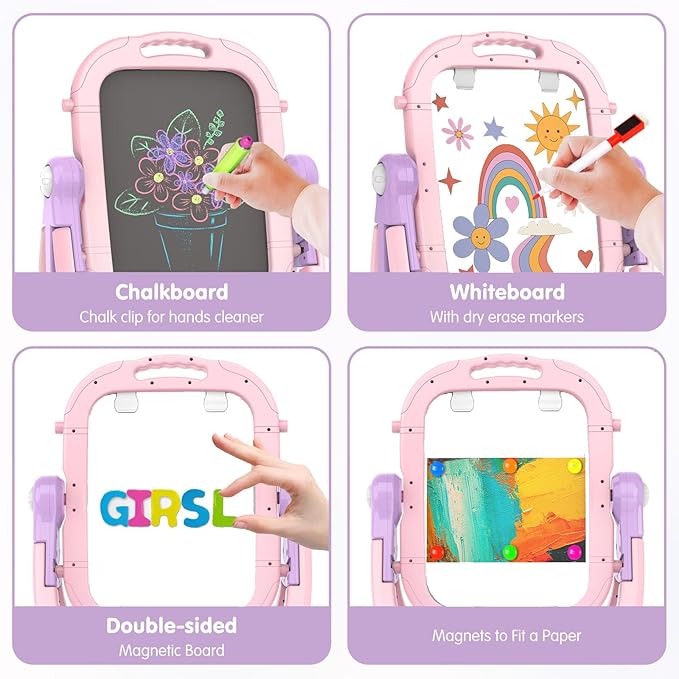 Easel for Kids, Toddler Art Easel Adjustable Standing, Magnetic Double Sided Easel with Painting Accessories Gift for Boys and Girls