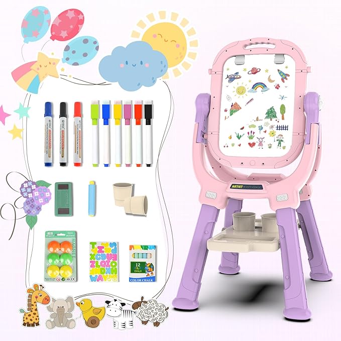 Easel for Kids, Toddler Art Easel Adjustable Standing, Magnetic Double Sided Easel with Painting Accessories Gift for Boys and Girls