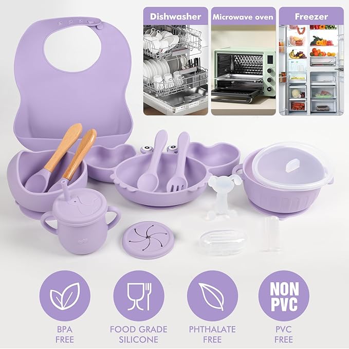 Silicone Baby Feeding Set 15 Pcs,Baby Spoons Suction Bowl Divided Plate Bib Cup Finger Brush Teething Teether,Baby Led Weaning Supplies,Baby & Toddler Silicone Plates and Bowls Dining Set(purple)