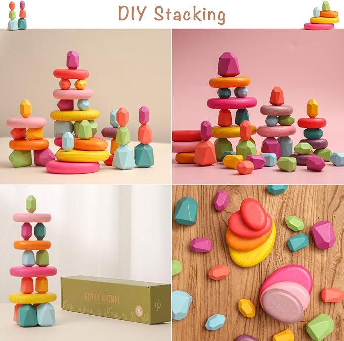 OESSUF Stacking Rocks 26Pcs Stacking Blocks Balancing Stacking Stones Wooden Building Toys Wood Stone Stacking Game for Toddler Sorting Preschool Educational Montessori Stacking Rocks for Kids