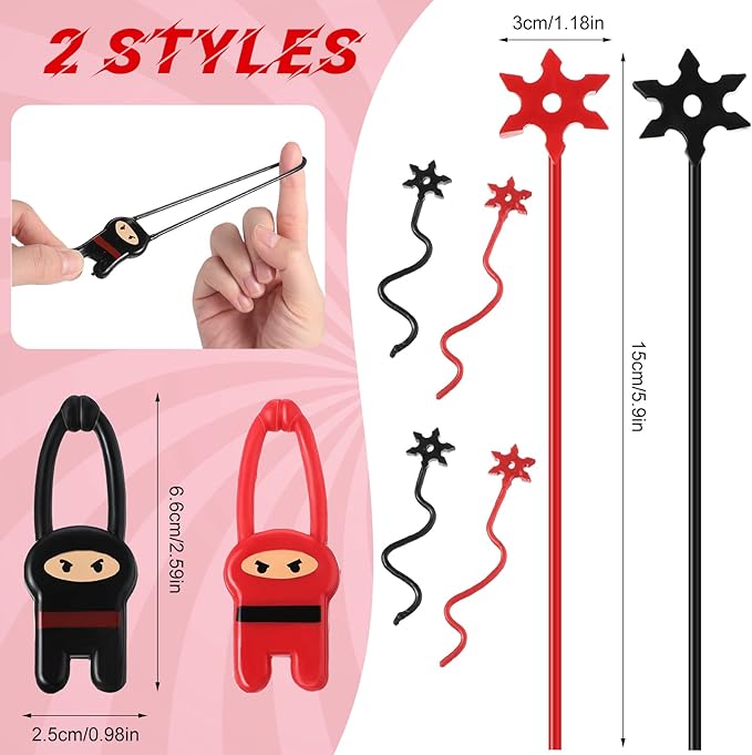 Cindeer 18 Set Ninja Party Favors, Includes Ninja Theme Drawstring Bags, Stretchy Flying Ninjas and Stars Slingshots Stretch Toys, Slap Bracelets for Karate Ninja Birthday Party Favor Supplies