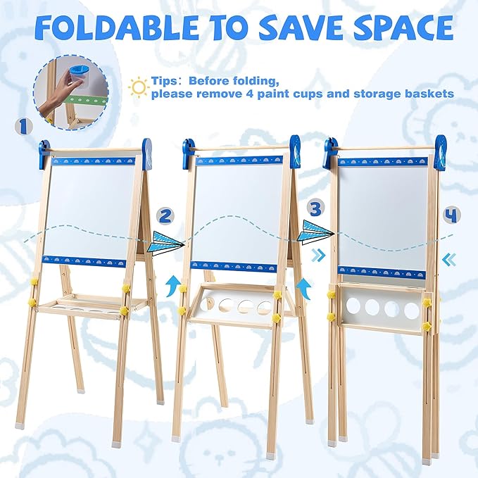 Easel for Kids, Art Easel Kids Easels for Toddlers, Adjustable Magnetic Chalkboard & Whiteboard Wooden Painting Easel with Paper Roll, Foldable Easel for Toddlers Boys Girls Ages 3-12 (Blue)