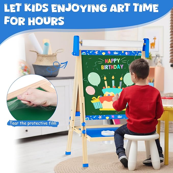 Easel for Kids,Adjustable Wooden Toddler Art Easels, Boys Toys for Ages 5-7,Magnetic White Board and Chalk Board with Art Supplies, 3 4 5 6 7 8 9 10 Year Old Boys Birthday Gift