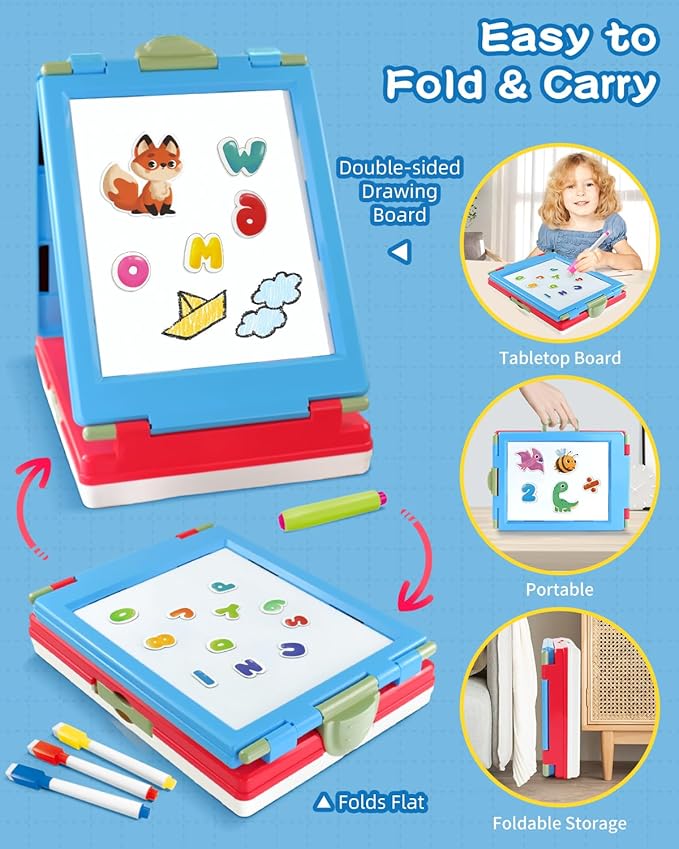 Easel for Kids, 4 in 1 Double Sided Toddler Art Easel with Chalkboard & Magnetic Whiteboard, Foldable Kids Tabletop Easel with Drawing & Writing Accessories - Gift for Boys and Girls (Blue)