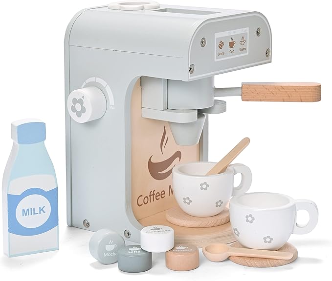 Kids Wooden Toys Toddler Pretend Play Kitchen Accessories Coffee Maker Espresso Machine Playset Montessori Kitchen Toy Gift for Girls and Boys