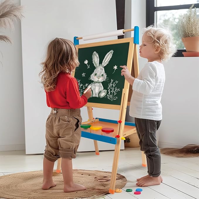 Easel for Kids with Drawing Paper Roll, Learning Toy for 3,4,5,6,7,8 Years Old Boy & Girls, Wooden Chalkboard & Magnetic Whiteboard & Painting Paper Stand, Gift & Art Supplies for Toddler