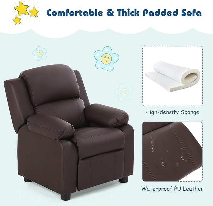 Kids Recliner, Leather Lounge Chair w/Footrest, Armrest, Headrest & Lumbar Support, Ergonomic Toddler Sofa Armchair for Boys Girls (Brown)