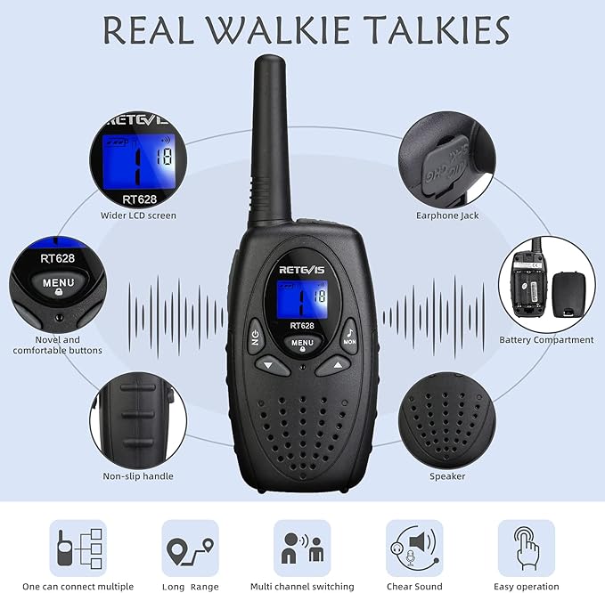 Retevis RT628 Walkie Talkies for Kids,Boys Kids Walkie Talkie,Kids Toys for 6-12 Year Old Boy Girl,Gifts for Xmas Birthday Camping Trip(Black1 Pair)
