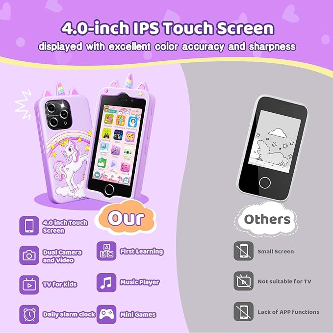 Kids Smart Phone for Girls, 4.0" Touchscreen Learning Music Puzzle-games Toddler Phone for Kids Ages 3-9, Dual Camera,Built-in 8G SD Card Kids Phone Toy, Birthday Gifts for Kids Cell Phone Toy, Purple