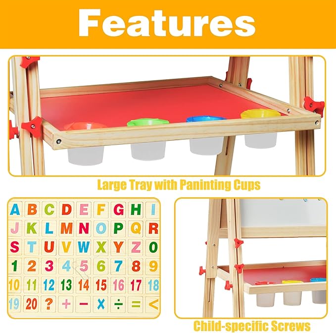 EAQ Easel for Kid,Height Adjustable Wooden Art Easel,Whiteboard Chalkboard with Paper Roll Holder,Letters and Numbers Magnets and Other Accessories Best Birthday Gift for Kids