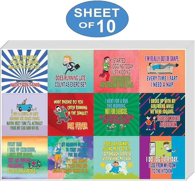 Creanoso Jogging and Exercising Funny Workout Jokes Stickers (10-Sheet) – Total 120 pcs (10 X 12pcs) Individual Small Size 2.1 x 2. Inches, Cool Themes Designs for Boys & Girls, Children, Teens