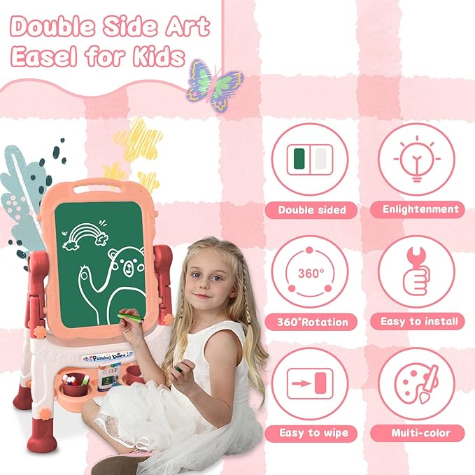Easel for Kids, Double Sided Kids Art Easel with White Board & Chalk Board, Adjustable Standing Toddler Easel with Drawing & Writing Accessories, Toy for Age 2-4 Boys Girls Birthday Gifts (Pink)