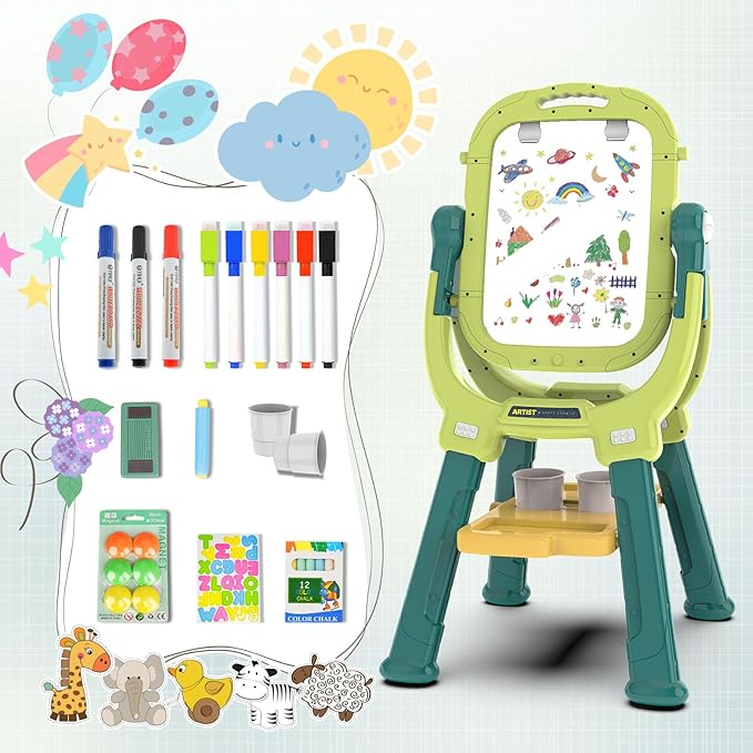 Easel for Kids, Toddler Art Easel Adjustable Standing, Magnetic Double Sided Easel with Painting Accessories Gift for Boys and Girls (Green)