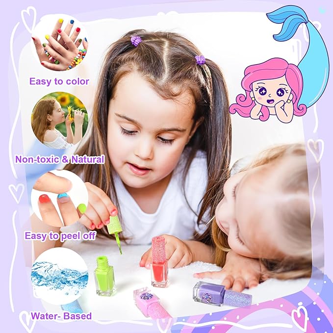 Luucio Kids Nail Polish Set for Girls Ages 5-12, All-in-One Kids Nail Art Salon Set - Nail Dryer, Nail Polish, Glitter Powder, False Nails, Nail Decals, Toe Separator, File (Purple Nail Set)