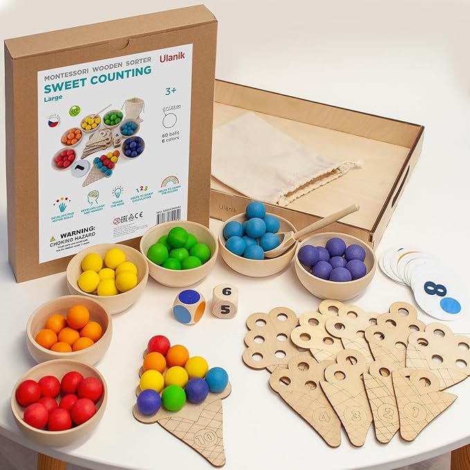 Ulanik Sweet Counting Large Toddler Montessori Toys for 3 Year Old + Kids Wooden Matching Game for Learning Color Sorting and Counting β 60 Balls, 0.98 in