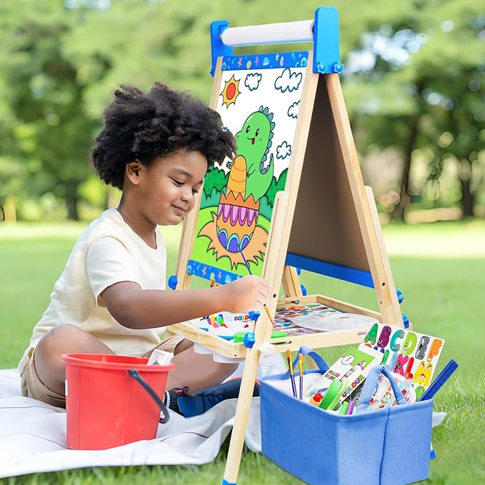 Easel for Kids,Adjustable Wooden Toddler Art Easels, Boys Toys for Ages 5-7,Magnetic White Board and Chalk Board with Art Supplies, 3 4 5 6 7 8 9 10 Year Old Boys Birthday Gift
