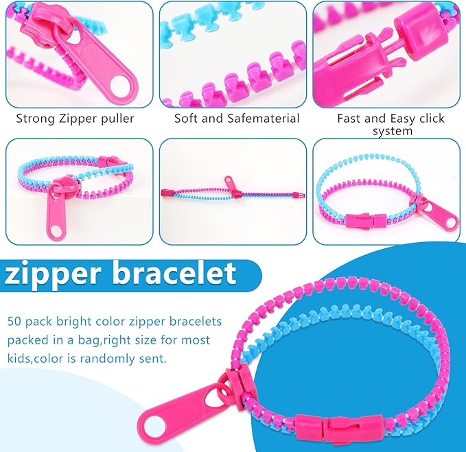 50 PCS Friendship Fidget Zipper Bracelet, 7.67 Inch Neon Colors Sensory Bracelet Bulk Set, Party Toys for Birthday, Christmas Goodie Bags, Small Prizes