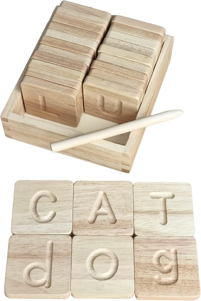 Montessori Wooden Alphabet Tiles Set β Tracing Letters for Kids | Double-Sided ABC Flash Cards (Uppercase & Lowercase) | Includes Stylus Pen & Storage Box | 26-Piece Educational Toy