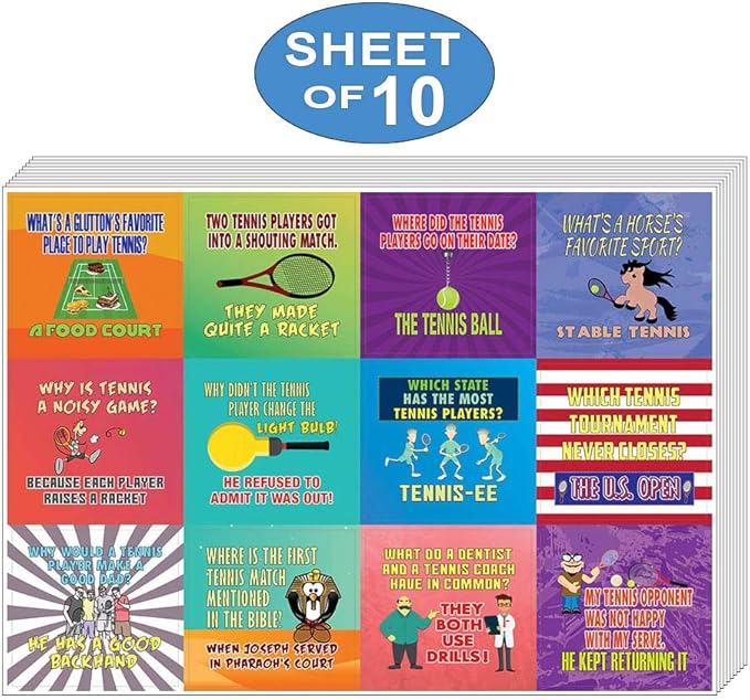 Creanoso Playing Tennis Funny Sports Jokes Stickers (10-Sheet) – Total 120 pcs (10 X 12pcs) Individual Small Size 2.1 x 2. Inches, Waterproof, Unique Designs, Art Decal for Boys & Girls, Children