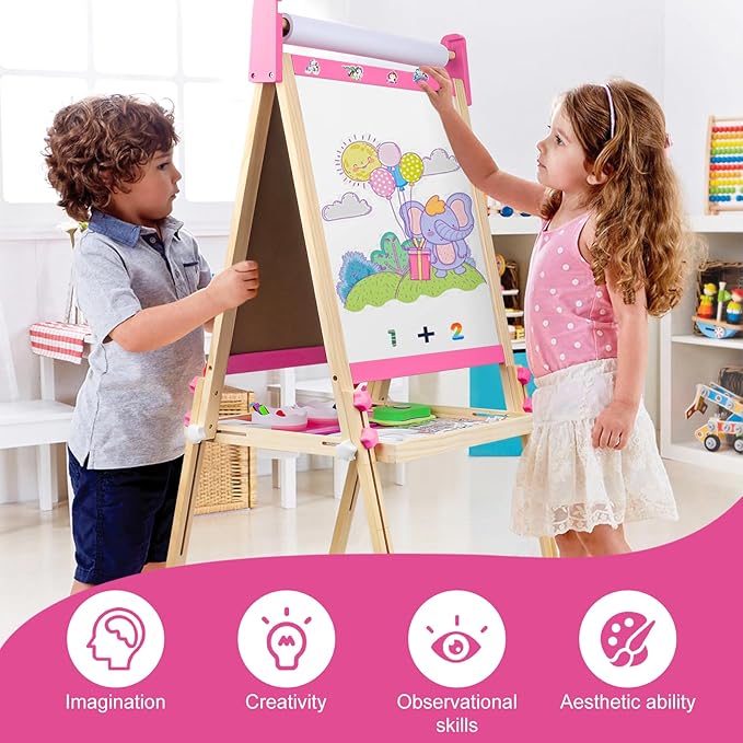 Easel for Kids,Adjustable Wooden Toddler Art Easels, Girls Toys for Ages 5-7,8-13,2-4, Magnetic White Board and Chalk Board with Art Supplies, 2 3 4 5 6 7 8 9 10 Year Old Girl Birthday Gift