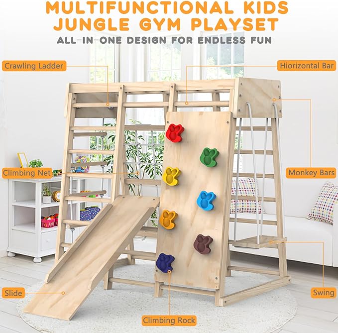 PROY Indoor Jungle Gym, Toddler Climbing Toys Indoor, Indoor Playground Climbing Toys for Toddlers, Climber Playset with Slide, Climbing Rock/Net, Monkey Bars, Drawing Board, Abacus Game and Swing