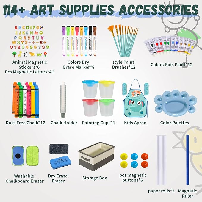 Easel for Kids,Adjustable Wooden Art Easel for Kids,114+ Art Supplies,Double Sided Magnetic Dry Erase Board and Chalkboard,3-in-1 Toddler Art Easels for Aged 3-4,5-7,8-12,2 Paper Rolls