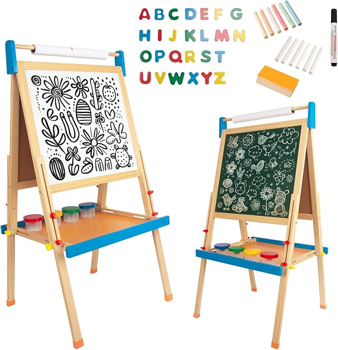 Easel for Kids with Drawing Paper Roll, Learning Toy for 3,4,5,6,7,8 Years Old Boy & Girls, Wooden Chalkboard & Magnetic Whiteboard & Painting Paper Stand, Gift & Art Supplies for Toddler