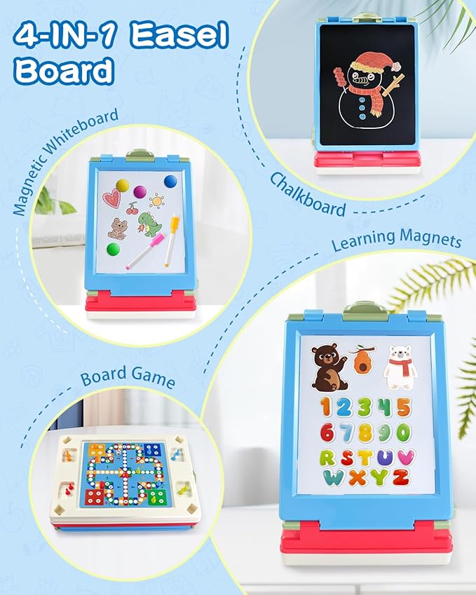 Easel for Kids, 4 in 1 Double Sided Toddler Art Easel with Chalkboard & Magnetic Whiteboard, Foldable Kids Tabletop Easel with Drawing & Writing Accessories - Gift for Boys and Girls (Blue)