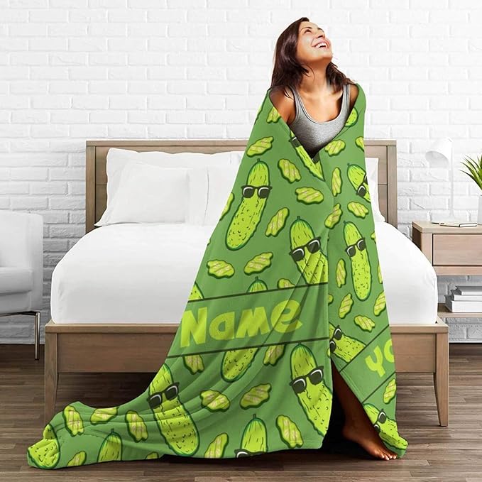 Custom Pickle Blanket with Name for Women Men, Personalized Cute Pickle Themed Design Printed Throw Blankets for Teens Adults Lap, Chair Sofa, Giftable Blanket, 50"x 60"