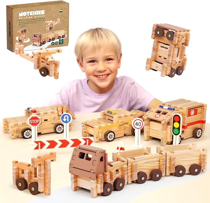 Jovi-mindly Wooden Building Blocks Car Set Toddler Boy Toys (101 pcs) with Storage Bag, Educational Classic Wooden Blocks for Toddlers Ages 3+ Boys and Girls,Truck/Excavator,FSC Certified