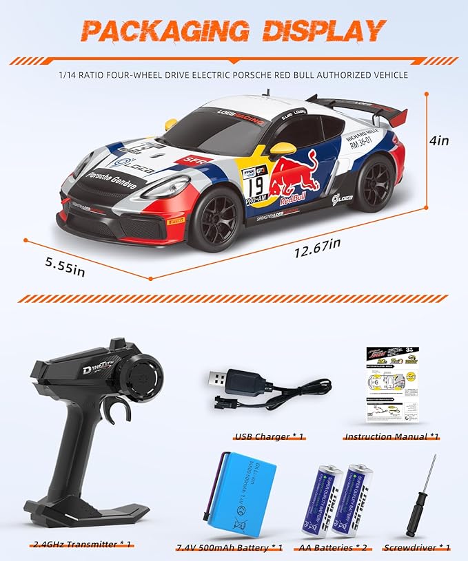 Porsche Remote Control Car, Officially Licensed Porsche 718 Cayman GT4 Toy Car 1:14 Red Bull Porsche RC Car Birthday Gift for Boys,Girls,Teens and Adults