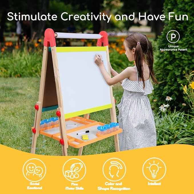 Kids Art Easel with Paper Roll, Art Easel Wooden Easel for Toddlers, Foldable Painting Easel for 2-12 Years Children, Height Adjustable Drawing Outdoor Easel