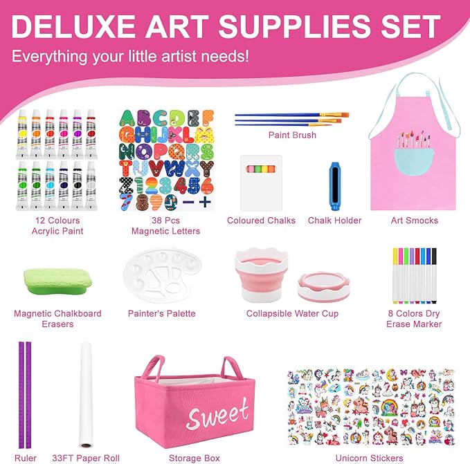 Easel for Kids,Adjustable Wooden Toddler Art Easels, Girls Toys for Ages 5-7,8-13,2-4, Magnetic White Board and Chalk Board with Art Supplies, 2 3 4 5 6 7 8 9 10 Year Old Girl Birthday Gift