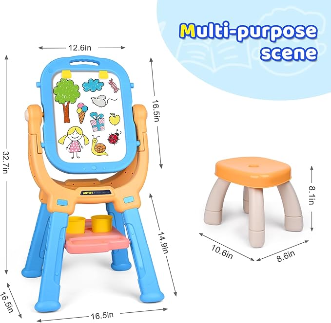 Double-Sided 360°Rotating Kids Easel and Toddler Art Easel, Equipped with A Little Bench and Painting Accessories, Childrens Art Easel for Kids 3-4, Gifts for Toddler (Orange+Blue)