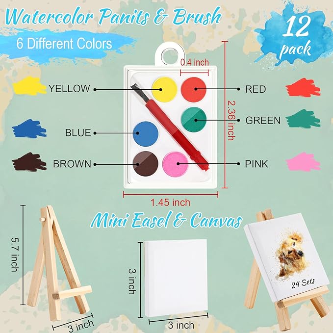 Zhengmy 24 Set Watercolor Paint Art Party Favors Mini Paint Sets Canvas Tote Bags Goodie Bags 3'' x 3'' Painting Canvas Panel with Wooden Easel Set for Valentine Sip and Paint Party