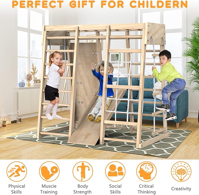 PROY Indoor Jungle Gym, Toddler Climbing Toys Indoor, Indoor Playground Climbing Toys for Toddlers, Climber Playset with Slide, Climbing Rock/Net, Monkey Bars, Drawing Board, Abacus Game and Swing