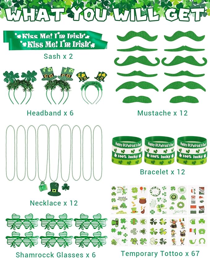 St. Patrick's Day Party Favor Set, St. Patrick's Day Novelty Jewelry Assortment with Headband Necklace Bracelet Glasses Tattoo Stickers Accessories Kiss Me I'm Irish Sash for Irish Party Décor