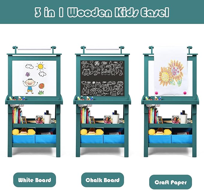 MAT Expert Kids Art Easel, 2-Side Child Easel w/Dry Whiteboard, Chalkboard & Paper Roll, Storage Easel w/2-Tier Rack & 2 Storage Boxes, 3 in 1 Toddler Art Craft Supply Drawing Easel (Blue)