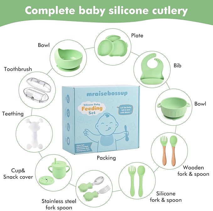 Silicone Baby Feeding Set 15 Pcs,Baby Spoons Suction Bowl Divided Plate Bib Cup Finger Brush Teething Teether,Baby Led Weaning Supplies,Baby & Toddler Silicone Plates and Bowls Dining Set(green)