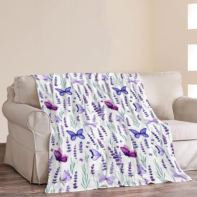 Purple Lavender Floral Flowers Butterfly Throw Blanket Gifts for Girls Boys Men Women Ultra Soft Warm All Season Decorative Fleece Blankets for Bed Chair Car Sofa Couch Bedroom 50"X60"
