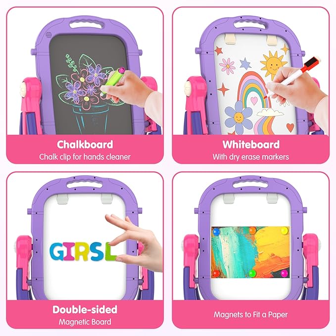 Easel for Kids, Toddler Art Easel Adjustable Standing, Magnetic Double Sided Easel with Painting Accessories Gift for Boys and Girls (Purple red)