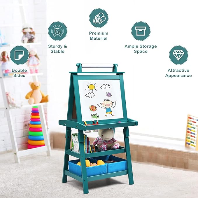 MAT Expert Kids Art Easel, 2-Side Child Easel w/Dry Whiteboard, Chalkboard & Paper Roll, Storage Easel w/2-Tier Rack & 2 Storage Boxes, 3 in 1 Toddler Art Craft Supply Drawing Easel (Blue)